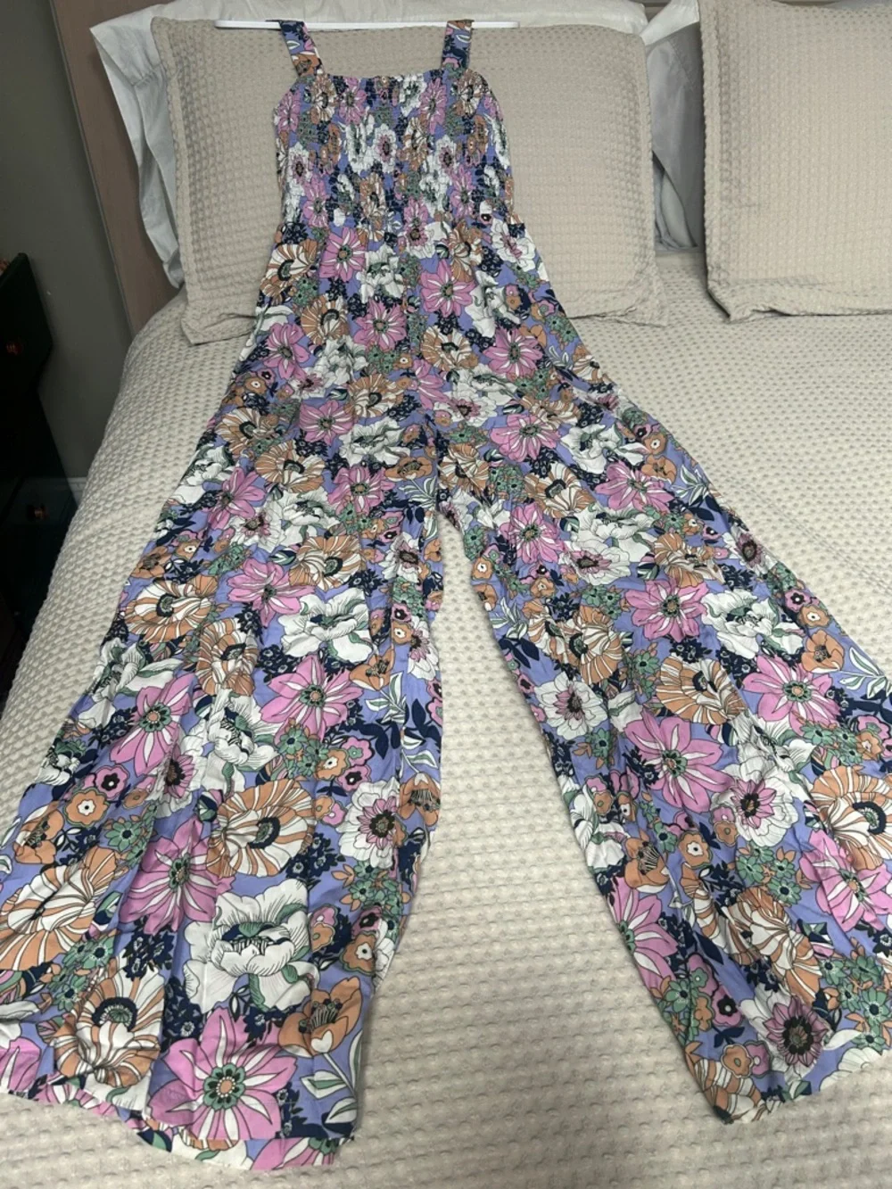 Girls Floral Smocked One-Piece Jumpsuit - Pink, Purple & White - Picture 2 of 2